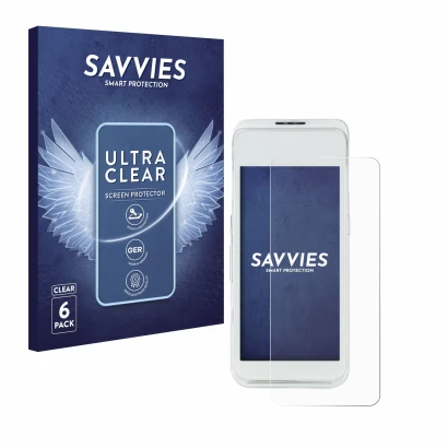Parte frontal de un envase de producto con el logotipo de la marca Savvies. Al lado se muestra el dispositivo Pax A920 Pro con