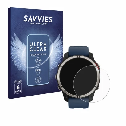 Parte frontal de un envase de producto con el logotipo de la marca Savvies. Al lado se muestra el dispositivo Garmin quatix 7 