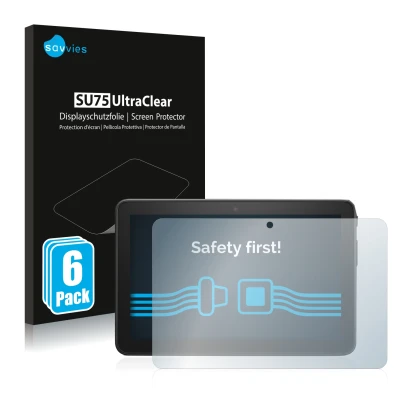 Parte frontal de un envase de producto con el logotipo de la marca Savvies. Al lado se muestra el dispositivo Amazon Fire 7 20