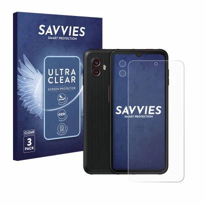 Parte frontal de un envase de producto con el logotipo de la marca Savvies. Al lado se muestra el dispositivo Samsung Galaxy X