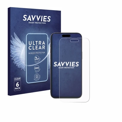 Parte frontal de un envase de producto con el logotipo de la marca Savvies. Al lado se muestra el dispositivo Apple iPhone 14 