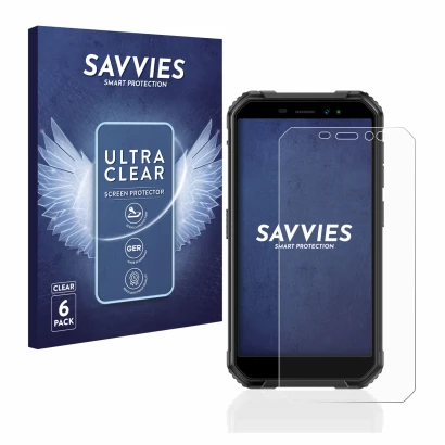 Parte frontal de un envase de producto con el logotipo de la marca Savvies. Al lado se muestra el dispositivo Ulefone Armor X6