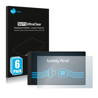 Parte frontal de un envase de producto con el logotipo de la marca Savvies. Al lado se muestra el dispositivo Garmin Camper 79