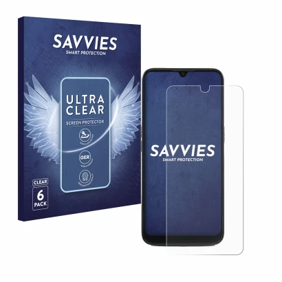 Parte frontal de un envase de producto con el logotipo de la marca Savvies. Al lado se muestra el dispositivo Doro 8100 con su