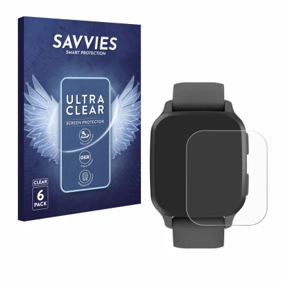 Parte frontal de un envase de producto con el logotipo de la marca Savvies. Al lado se muestra el dispositivo Garmin Venu Sq 2