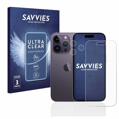 Parte frontal de un envase de producto con el logotipo de la marca Savvies. Al lado se muestra el dispositivo Apple iPhone 14 