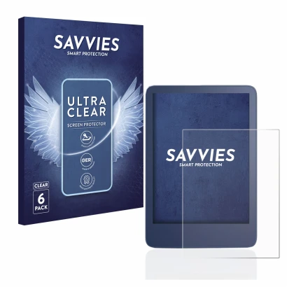 Parte frontal de un envase de producto con el logotipo de la marca Savvies. Al lado se muestra el dispositivo Amazon Kindle Re