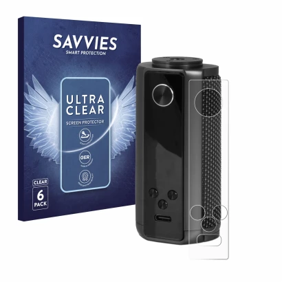 Parte frontal de un envase de producto con el logotipo de la marca Savvies. Al lado se muestra el dispositivo Vaporesso Target