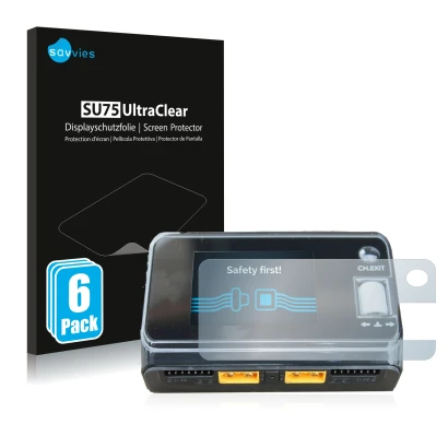 Parte frontal de un envase de producto con el logotipo de la marca Savvies. Al lado se muestra el dispositivo ToolkitRC M6D Du