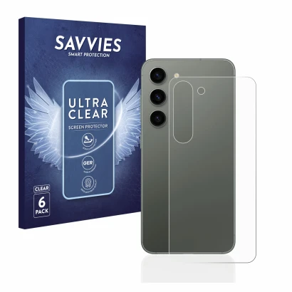 Parte frontal de un envase de producto con el logotipo de la marca Savvies. Al lado se muestra el dispositivo Samsung Galaxy S