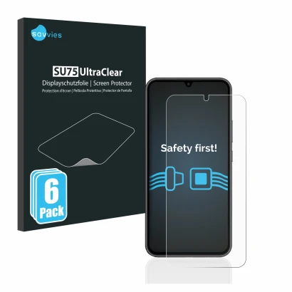 Parte frontal de un envase de producto con el logotipo de la marca Savvies. Al lado se muestra el dispositivo Samsung Galaxy A