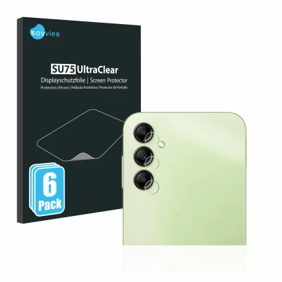 Parte frontal de un envase de producto con el logotipo de la marca Savvies. Al lado se muestra el dispositivo Samsung Galaxy A