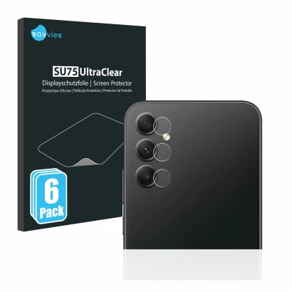 Parte frontal de un envase de producto con el logotipo de la marca Savvies. Al lado se muestra el dispositivo Samsung Galaxy A