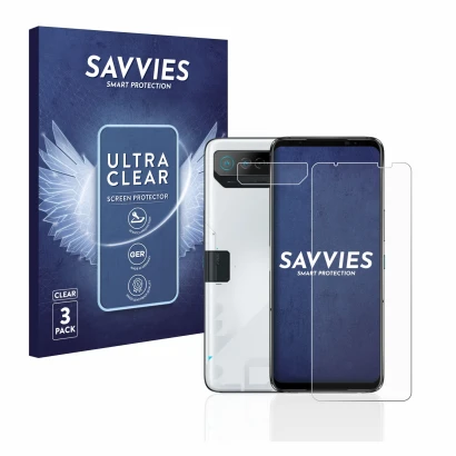 Parte frontal de un envase de producto con el logotipo de la marca Savvies. Al lado se muestra el dispositivo ASUS ROG Phone 7