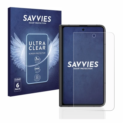 Parte frontal de un envase de producto con el logotipo de la marca Savvies. Al lado se muestra el dispositivo Google Pixel Fol