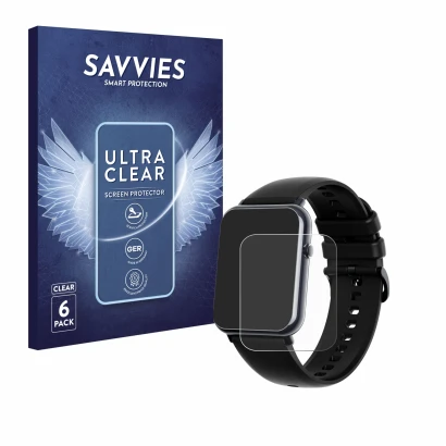 Parte frontal de un envase de producto con el logotipo de la marca Savvies. Al lado se muestra el dispositivo Mutoy Smartwatch