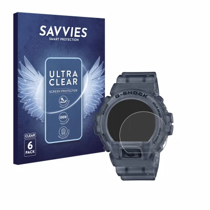 Parte frontal de un envase de producto con el logotipo de la marca Savvies. Al lado se muestra el dispositivo Casio G-Shock DW