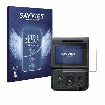 Parte frontal de un envase de producto con el logotipo de la marca Savvies. Al lado se muestra el dispositivo Canon PowerShot 