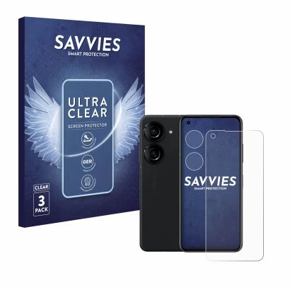 Parte frontal de un envase de producto con el logotipo de la marca Savvies. Al lado se muestra el dispositivo ASUS ZenFone 10 