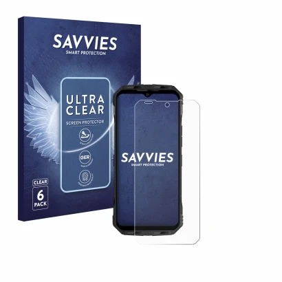 Parte frontal de un envase de producto con el logotipo de la marca Savvies. Al lado se muestra el dispositivo Doogee V30T con 