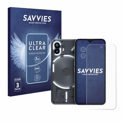 Parte frontal de un envase de producto con el logotipo de la marca Savvies. Al lado se muestra el dispositivo Nothing Phone (2