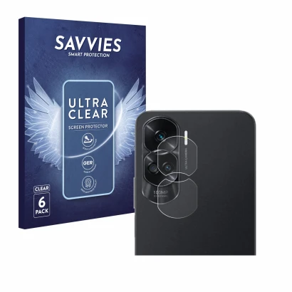 Parte frontal de un envase de producto con el logotipo de la marca Savvies. Al lado se muestra el dispositivo Honor 90 Lite (S
