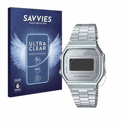 Parte frontal de un envase de producto con el logotipo de la marca Savvies. Al lado se muestra el dispositivo Casio A168WEM-7E