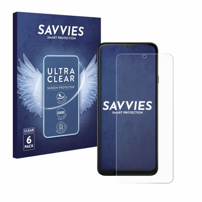 Parte frontal de un envase de producto con el logotipo de la marca Savvies. Al lado se muestra el dispositivo Cubot Note 50 co