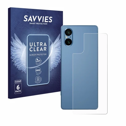 Parte frontal de un envase de producto con el logotipo de la marca Savvies. Al lado se muestra el dispositivo Sony Xperia 5 V 