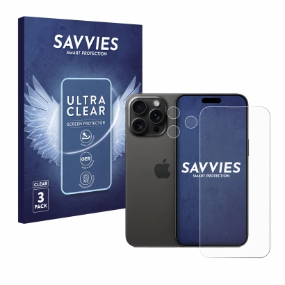 Parte frontal de un envase de producto con el logotipo de la marca Savvies. Al lado se muestra el dispositivo Apple iPhone 15 
