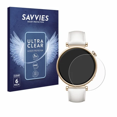 Parte frontal de un envase de producto con el logotipo de la marca Savvies. Al lado se muestra el dispositivo Huawei Watch GT 