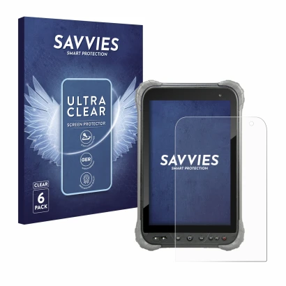 Parte frontal de un envase de producto con el logotipo de la marca Savvies. Al lado se muestra el dispositivo Juniper Systems 
