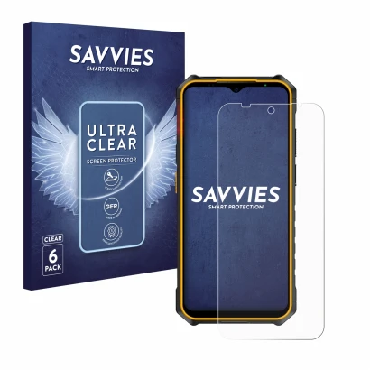 Parte frontal de un envase de producto con el logotipo de la marca Savvies. Al lado se muestra el dispositivo Ulefone Armor X1