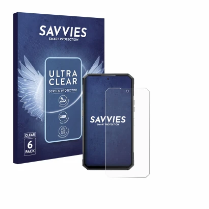 Parte frontal de un envase de producto con el logotipo de la marca Savvies. Al lado se muestra el dispositivo Oukitel WP30 Pro