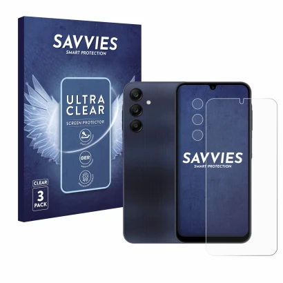 Parte frontal de un envase de producto con el logotipo de la marca Savvies. Al lado se muestra el dispositivo Samsung Galaxy A