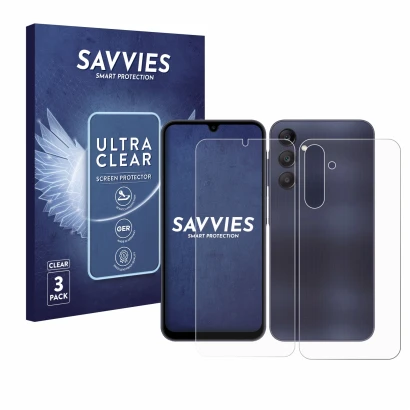 Parte frontal de un envase de producto con el logotipo de la marca Savvies. Al lado se muestra el dispositivo Samsung Galaxy A