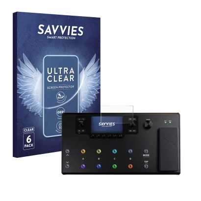 Parte frontal de un envase de producto con el logotipo de la marca Savvies. Al lado se muestra el dispositivo Line 6 Helix LT 