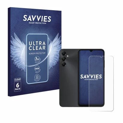 Parte frontal de un envase de producto con el logotipo de la marca Savvies. Al lado se muestra el dispositivo Samsung Galaxy A