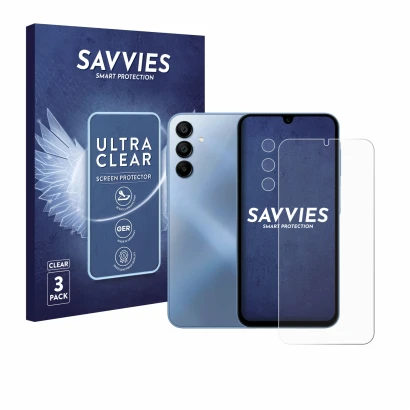 Parte frontal de un envase de producto con el logotipo de la marca Savvies. Al lado se muestra el dispositivo Samsung Galaxy A