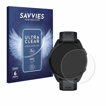 Parte frontal de un envase de producto con el logotipo de la marca Savvies. Al lado se muestra el dispositivo Garmin Forerunne