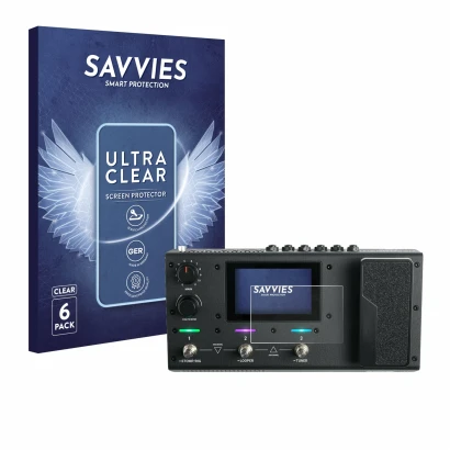 Parte frontal de un envase de producto con el logotipo de la marca Savvies. Al lado se muestra el dispositivo Headrush MX5 con