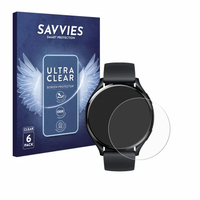 Parte frontal de un envase de producto con el logotipo de la marca Savvies. Al lado se muestra el dispositivo Xiaomi Watch 2 c