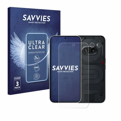 Parte frontal de un envase de producto con el logotipo de la marca Savvies. Al lado se muestra el dispositivo Nothing Phone (2