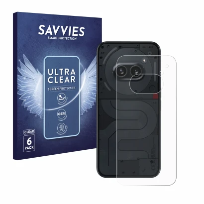 Parte frontal de un envase de producto con el logotipo de la marca Savvies. Al lado se muestra el dispositivo Nothing Phone (2