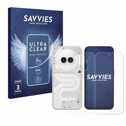 Parte frontal de un envase de producto con el logotipo de la marca Savvies. Al lado se muestra el dispositivo Nothing Phone (2