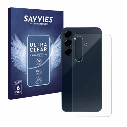 Parte frontal de un envase de producto con el logotipo de la marca Savvies. Al lado se muestra el dispositivo Samsung Galaxy A