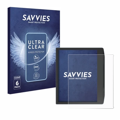 Parte frontal de un envase de producto con el logotipo de la marca Savvies. Al lado se muestra el dispositivo PocketBook Era C