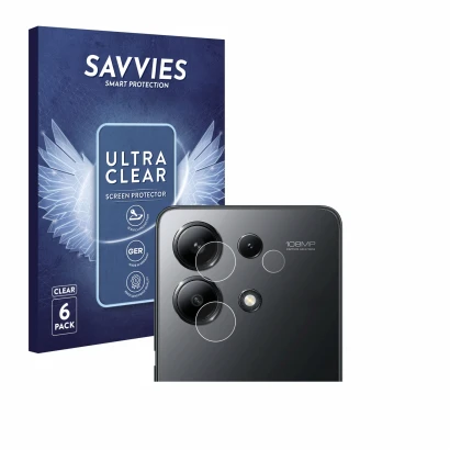 Parte frontal de un envase de producto con el logotipo de la marca Savvies. Al lado se muestra el dispositivo Xiaomi Redmi Not