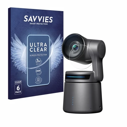 Parte frontal de un envase de producto con el logotipo de la marca Savvies. Al lado se muestra el dispositivo OBSBOT Tail Air 