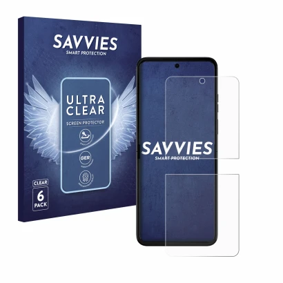 Parte frontal de un envase de producto con el logotipo de la marca Savvies. Al lado se muestra el dispositivo Motorola Razr 50